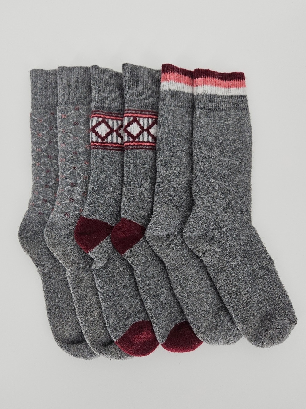3 Pairs Cozy Plush Cabin Socks Grey Burgundy Crew Socks One Size